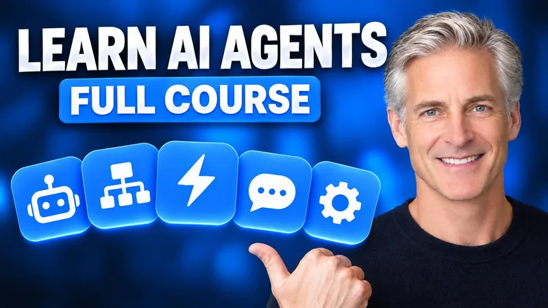 Remade by WThumb: a generated silver-haired man beside blue tiles with a robot, a flowchart, a lightning bolt, a chat bubble and a gear, headline Learn AI Agents, full course