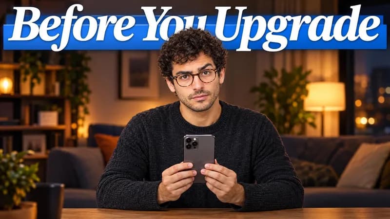 Remade by WThumb: a generated man with round glasses holding a plain smartphone in a warm living room, headline Before You Upgrade