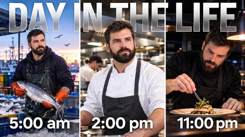 Remade by WThumb: three panels of a generated chef at a fish market at 5:00 am, in a restaurant kitchen at 2:00 pm and plating a dish at 11:00 pm, headline Day in the Life