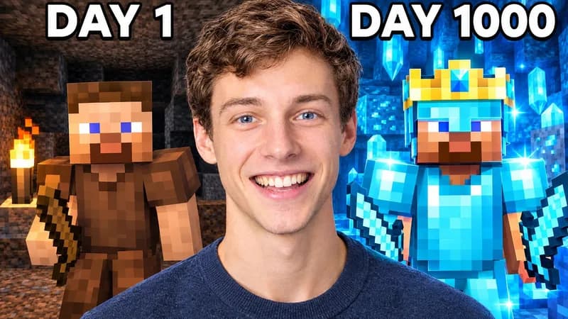Remade by WThumb: a generated young man between a blocky character in leather armor and one in diamond armor and a crown on blue crystal, headline Day 1 and Day 1000