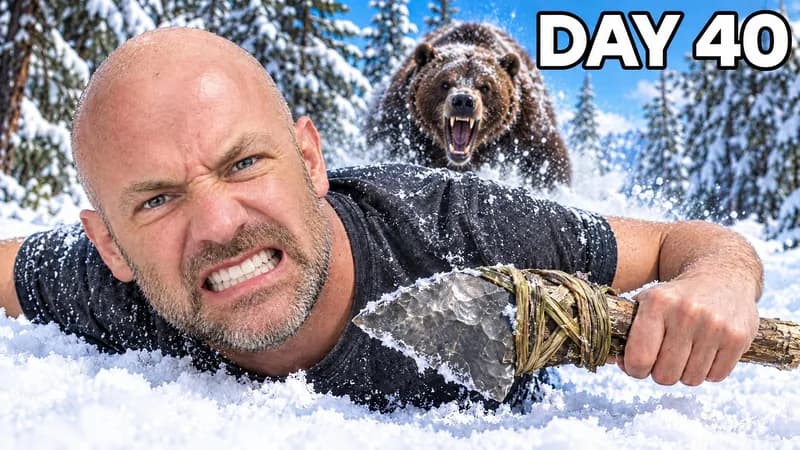 Remade by WThumb: a generated bald man lying alone in the snow of a pine forest, gripping a flint hand axe, a brown bear charging after him through the trees, headline Day 40