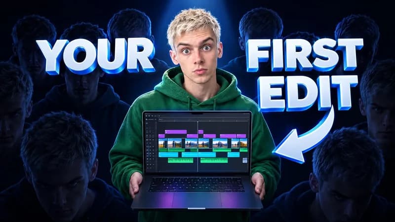 Remade by WThumb: a generated man with platinum hair in a green hoodie holding a laptop with a video timeline on navy, headline Your First Edit