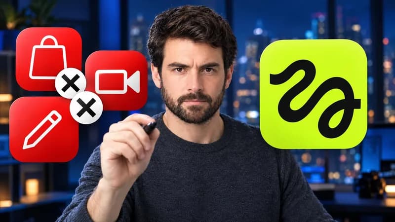 Remade by WThumb: a generated bearded man holding a marker beside crossed-out tiles of a shopping bag, a camera and a pen, and a lime green tile with the Higgsfield logo, in a studio at night