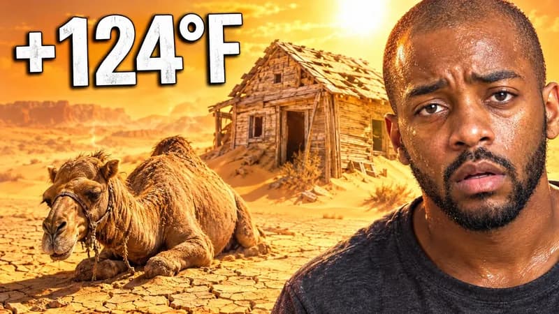 Remade by WThumb: a generated man with beads of sweat beside a sun-bleached shack in cracked sand and a resting camel, headline +124°F
