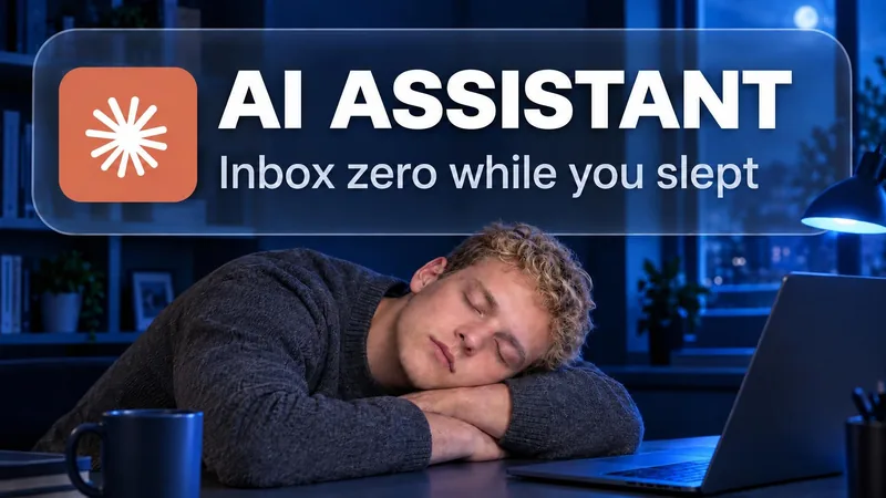 Remade by WThumb: a generated man asleep on his folded arms at a desk in a blue room at night, under a card with the Claude logo, headline AI Assistant, inbox zero while you slept