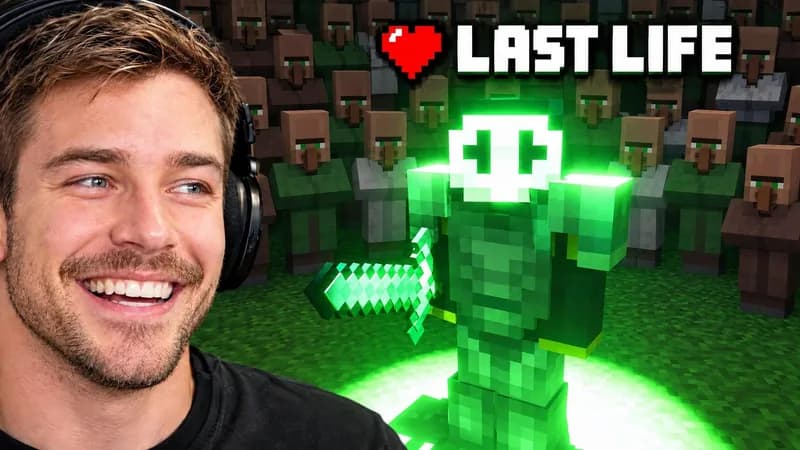 Remade by WThumb: a generated man grinning beside a blocky warrior glowing emerald green in front of a crowd of Minecraft villagers, a red pixel heart and the words Last Life