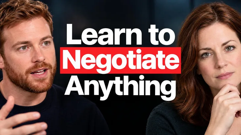 Remade by WThumb: a generated woman with her hand on her chin beside a red-bearded guest in a dark studio, headline Learn to Negotiate Anything
