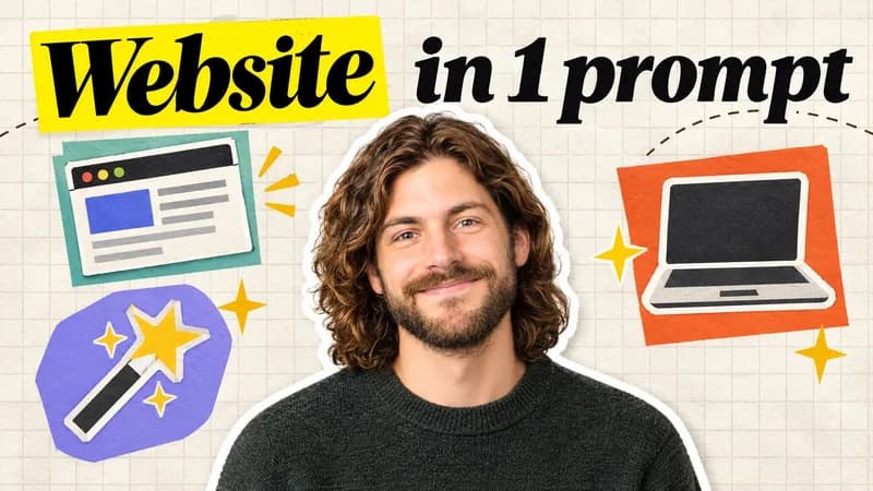 Remade by WThumb: a generated long-haired man in a paper collage of a browser window, a magic wand and a laptop, headline Website in 1 prompt