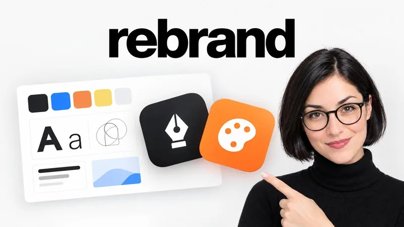 With a face: a generated woman in round glasses pointing at a pen tool tile and a color palette tile beside a brand board, headline rebrand