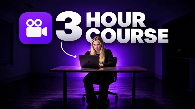 Remade by WThumb for YouTube, 16:9: a generated woman with long blonde hair at a laptop in a deep purple glow, under a film camera tile and the headline 3 Hour Course