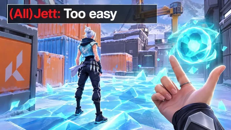 Remade by WThumb: a VALORANT scene on Icebox with Jett seen from behind and Sage's hand holding her Slow Orb over its crystal field, chat line (All)Jett: Too easy