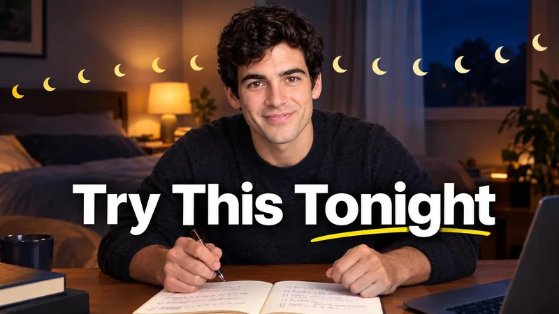 Remade by WThumb: a generated man writing in a notebook at a desk at night under a row of crescent moons, headline Try This Tonight