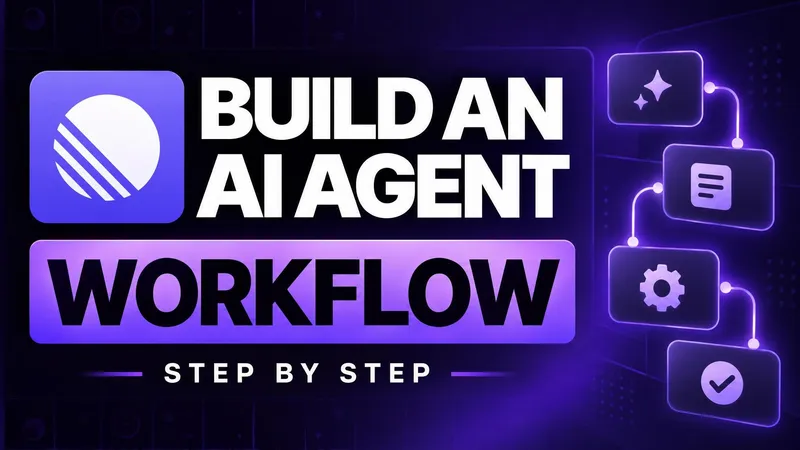 a Linear mark beside stacked white type on deep purple, headline build an ai agent workflow step by step, with nobody in the frame