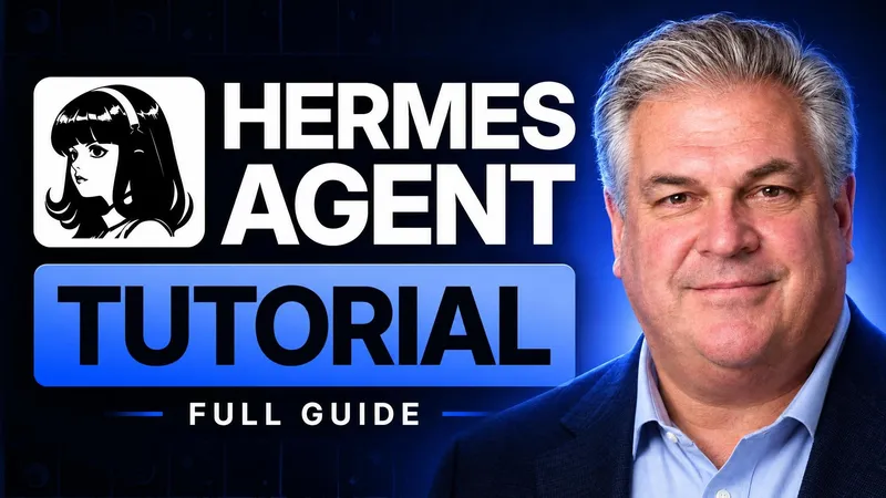 a creator beside four lines of heavy white type on deep navy with an app icon at the left, headline hermes agent tutorial full guide