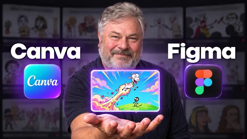 a different person holding the same card between a Canva mark and a Figma mark, everything purple, headline canva figma