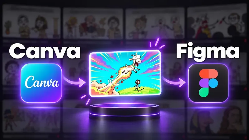 a floating card between a Canva mark and a Figma mark in electric purple, headline canva figma, with nobody in the frame