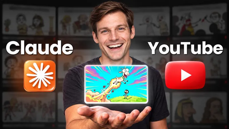 a creator holding out a floating cartoon video card, a Claude mark on one side and a YouTube play button on the other, headline claude youtube