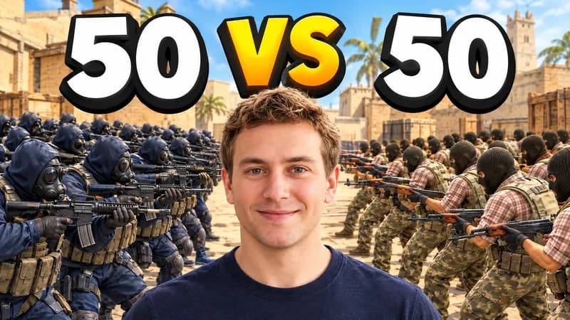 A thumbnail WThumb made: a creator beside an army of SAS Counter-Terrorists facing an army of Phoenix Terrorists on Mirage, headline 50 vs 50