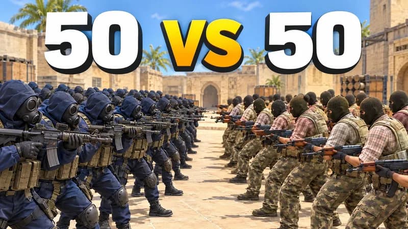 A thumbnail WThumb made: an army of SAS Counter-Terrorists facing an army of Phoenix Terrorists on Mirage, headline 50 vs 50