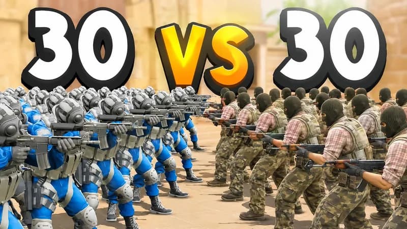 a Counter-Strike army battle: rows of Counter-Terrorists in gas masks facing rows of Phoenix Terrorists, headline 30 vs 30