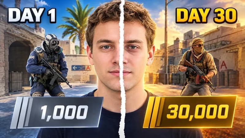 A thumbnail WThumb made: a creator split down the middle beside a CT agent and a T agent on Dust II, CS Rating 1,000 against 30,000, headline Day 1, Day 30