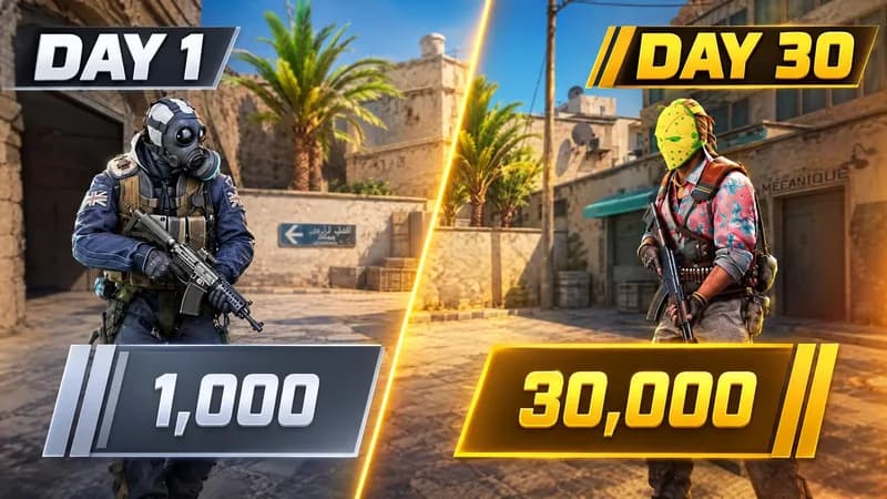 A thumbnail WThumb made: a CT agent on day one against a T agent on day thirty on Dust II, CS Rating 1,000 against 30,000, headline Day 1, Day 30