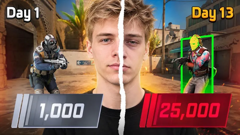 a Counter-Strike rating climb: a young man split down the middle between day 1 and day 13, a CT agent and a T agent, ratings 1,000 and 25,000