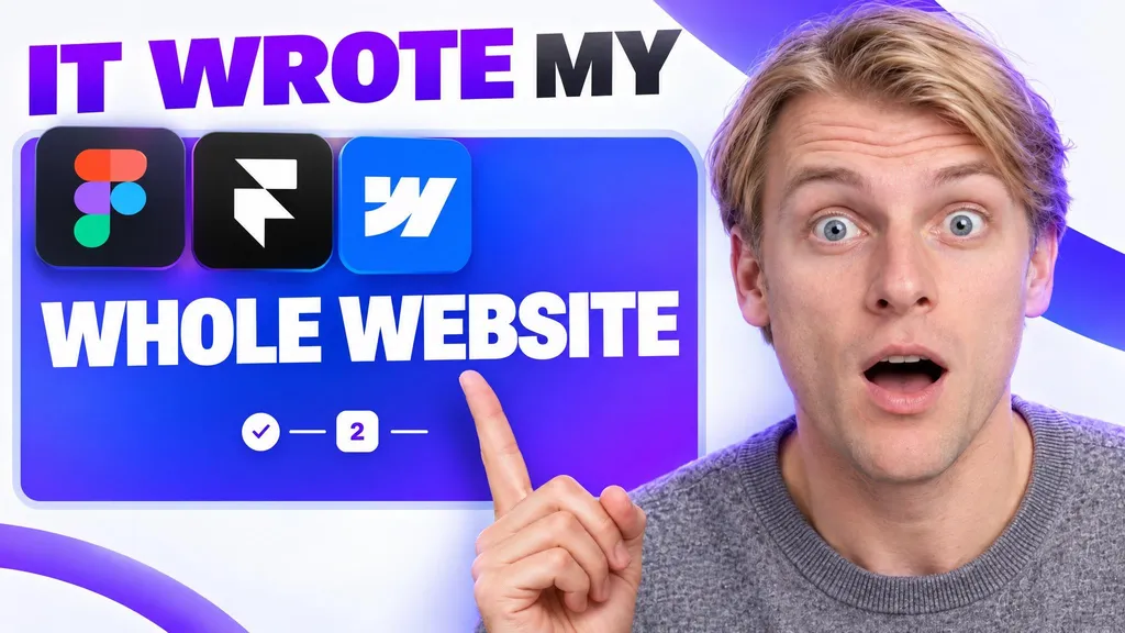 A thumbnail WThumb made: a wide-eyed creator pointing at a violet panel with the Figma, Framer and Webflow icons, headline It wrote my whole website