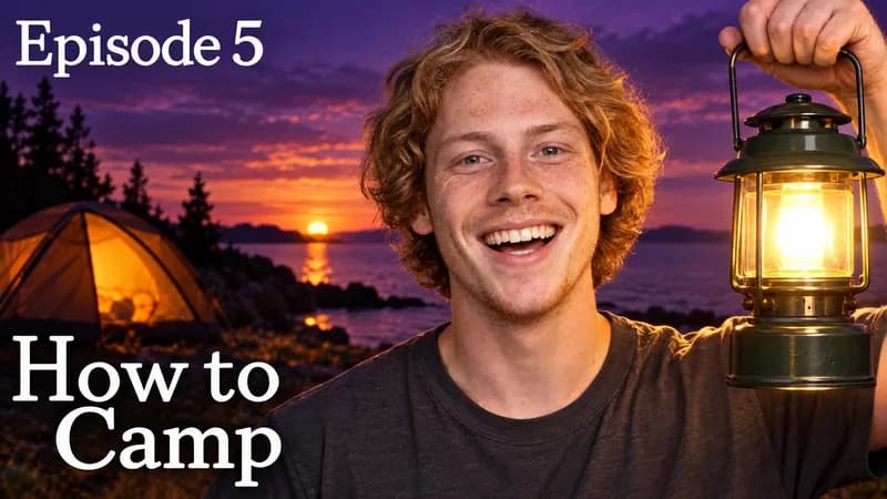 A thumbnail WThumb made: a smiling creator with curly hair holding up a lit camping lantern at a purple dusk, a glowing tent by the sea behind him, headline Episode 5, How to Camp