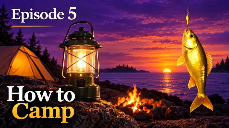 a lit camping lantern against a purple dusk sea, headline episode 5 how to camp, with nobody in the frame