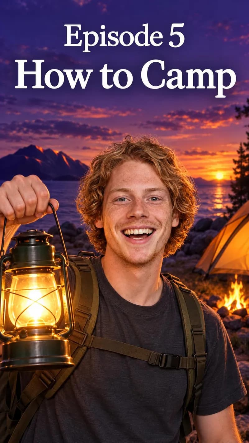 a portrait thumbnail with a different person holding a lit camping lantern against a purple dusk sea, headline episode 5 how to camp
