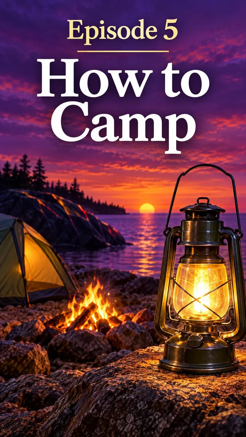 A fresh vertical WThumb camping composition with title and lantern arranged for a tall frame