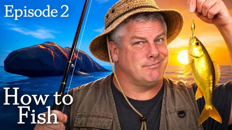 a creator in a bucket hat holding up a golden fish against a sunset sea, headline episode 2 how to fish
