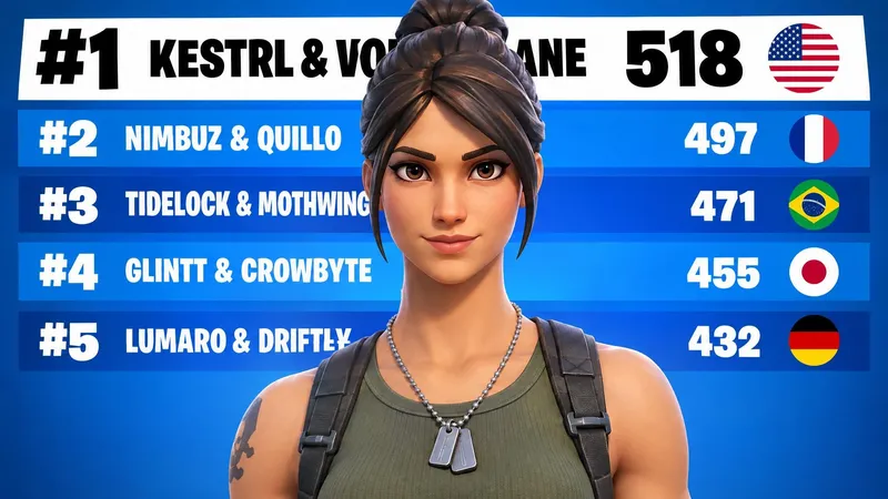a Fortnite tournament recap: Recruit Ramirez in front of a leaderboard of invented duos with their points and round flags