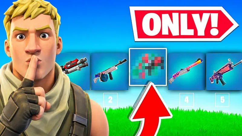 a Fortnite challenge: Recruit Jonesy making a shush gesture beside a row of weapon slots with one pixelated, under a red ONLY sign