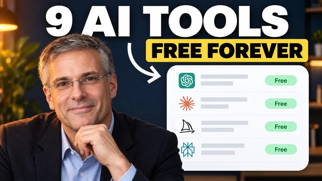 a different person beside a list of free AI tools on a navy wall, headline 9 AI tools free forever
