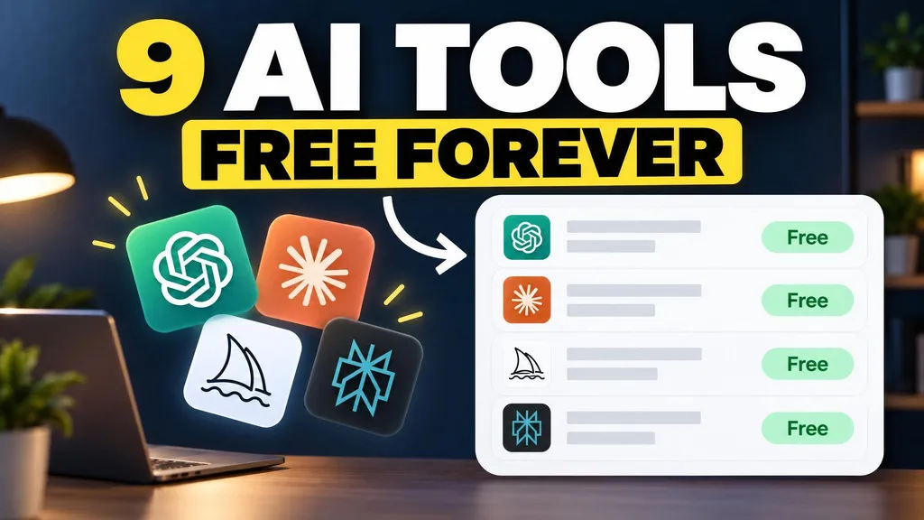 a list of free AI tools on a navy wall, headline 9 AI tools free forever, with nobody in the frame