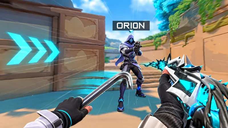a first-person game frame with a chrome crowbar and bright cyan light, headline orion, without webcam portraits