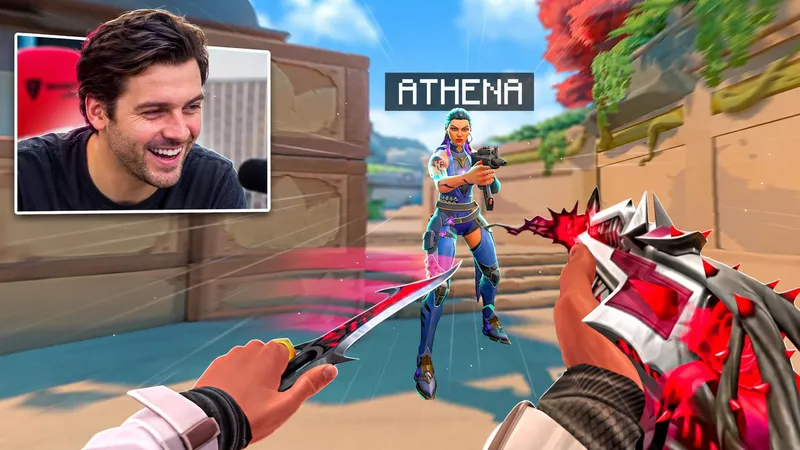 a first-person game frame with two small webcam boxes in the corner, headline athena
