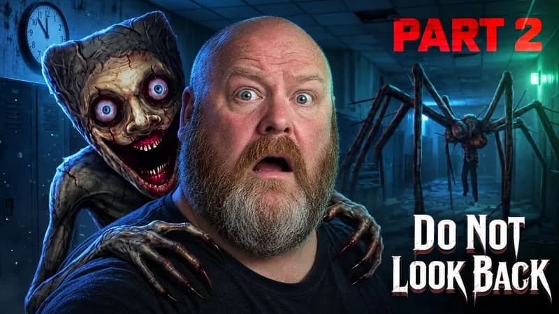 A thumbnail WThumb made: a startled bearded man in a cold blue corridor with a pale creature at his shoulder, a wall clock and a giant spider behind him, headlines Part 2 and Do not look back