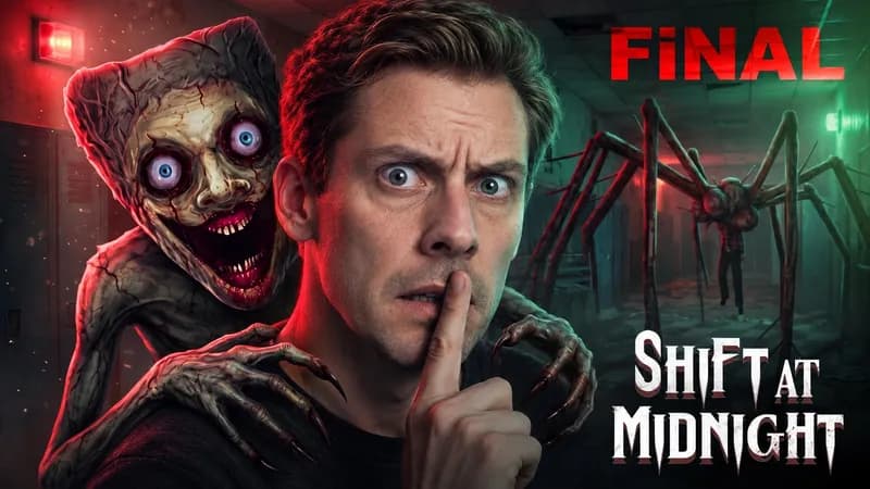 a creator shushing in a dark corridor with a pale creature at his shoulder and a spider down the hall, headline final shift at midnight