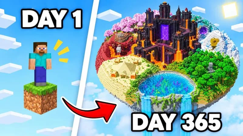 A thumbnail WThumb made: Steve on one grass block beside a floating island with a Nether portal fortress and lava falls under a sunny blocky sky, headline Day 1, Day 365