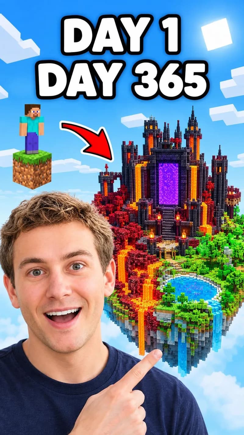 a portrait thumbnail with a creator pointing up at a floating island with a Nether portal fortress, Steve on one grass block above him, headline day 1 day 365