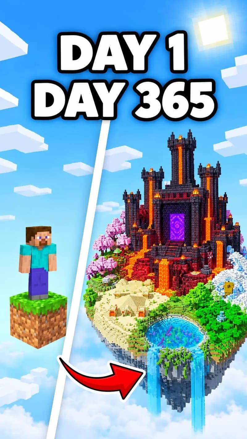 a portrait thumbnail with Steve on one grass block and a floating island with a Nether portal fortress under a sunny sky, headline day 1 day 365