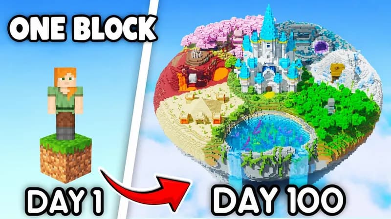 a Minecraft day count: the default Alex skin standing on one grass block beside a finished floating island with a castle, headline one block day 1 day 100