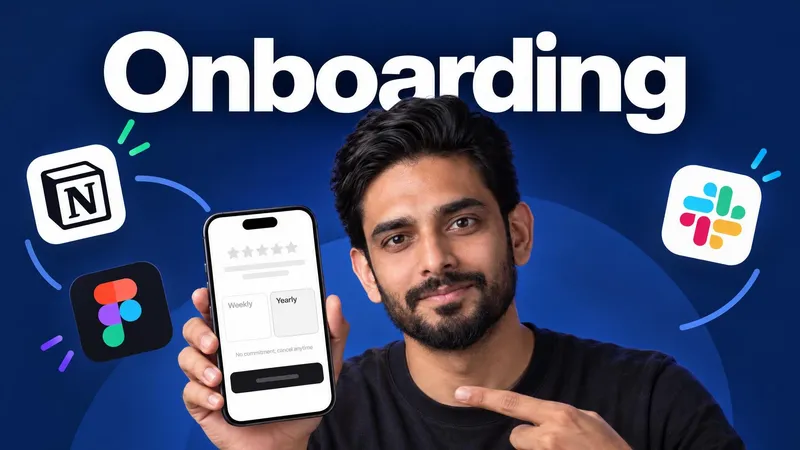A thumbnail WThumb made: a creator holding up a phone with a weekly or yearly subscription screen, the Notion, Figma and Slack icons around him on deep navy, headline Onboarding
