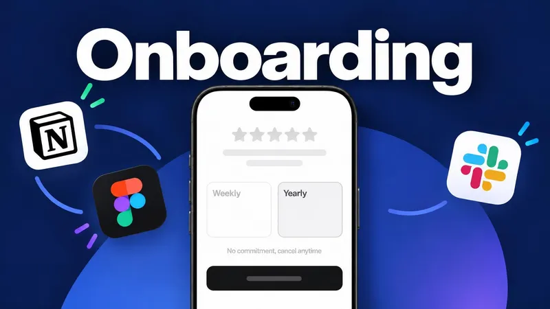 a phone on deep navy with Notion, Figma and Slack icons around it, headline onboarding, with nobody in the frame