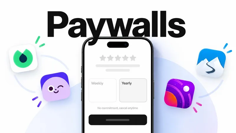 a phone showing a subscription screen with app icons floating around it, headline paywalls