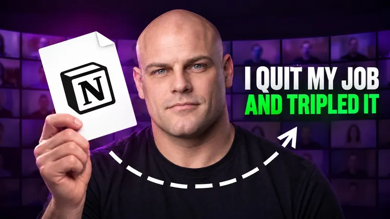 a different person holding a white Notion page in front of a purple wall of video tiles, headline I quit my job and tripled it