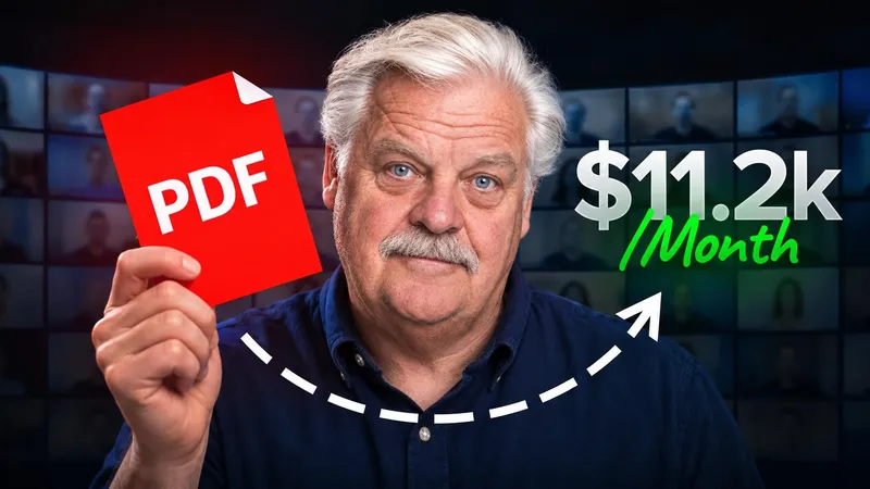 a creator holding up a red PDF card in front of a wall of video call tiles, headline 11.2k a month